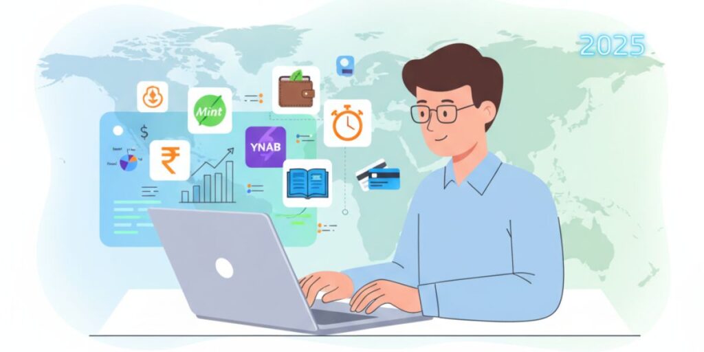 Freelancer managing money using budgeting apps like Mint, YNAB, Walnut, and Khatabook on laptop with rupee and dollar symbols