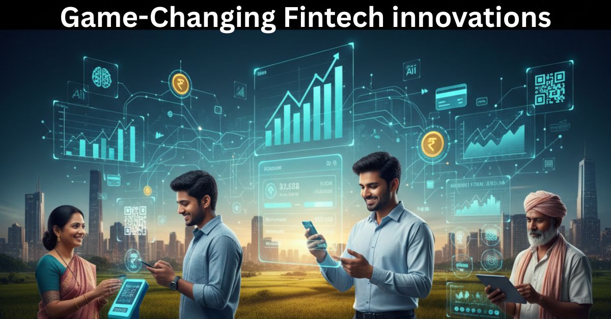 People using digital finance technology with futuristic charts and data visuals representing Fintech Trends India 2025.