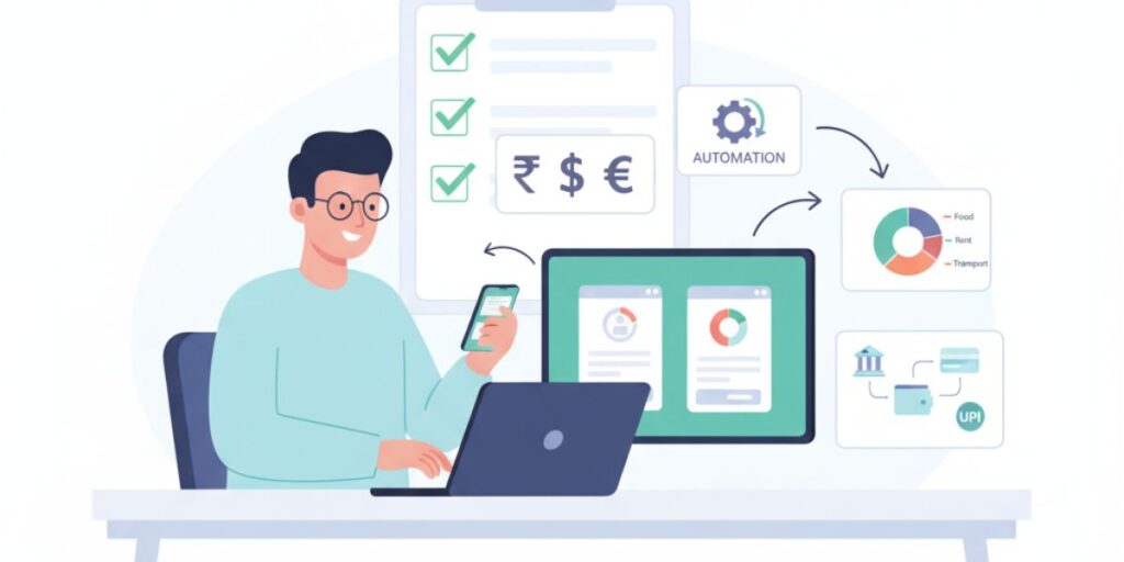 Freelancer comparing different budgeting apps with features like multi-currency, automation, expense categories, and bank integration.
