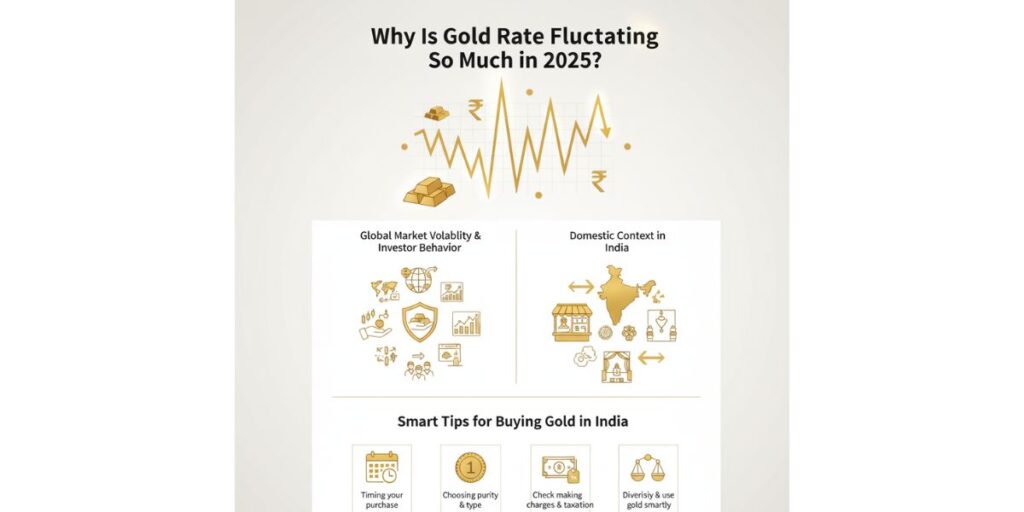 An infographic titled "Why Is Gold Rate Fluctuating So Much in 2025?" with sections on global market volatility, investor behavior, domestic context in India, and smart tips for buying gold.
