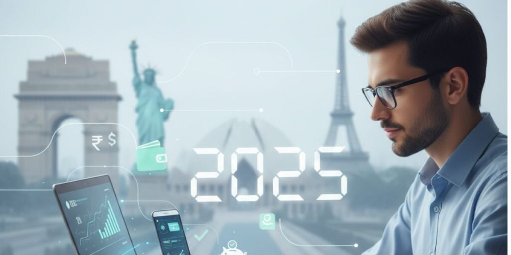 Freelancer using budgeting apps to manage income and expenses in 2025 on laptop and phone, showing global finance and Indian context