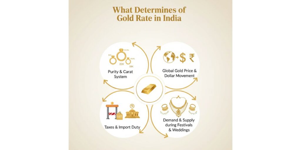 A diagram titled "What Determines of Gold Rate in India" showing four key factors influencing the price of gold. The factors are Purity & Carat System, Global Gold Price & Dollar Movement, Taxes & Import Duty, and Demand & Supply during Festivals & Weddings.