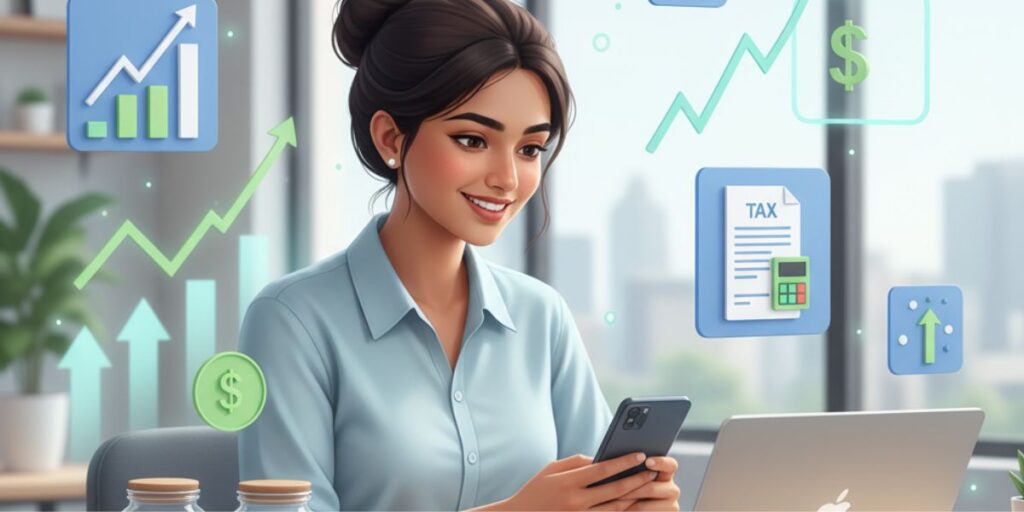 Freelancer using budgeting apps to track income, savings, and expenses with rupee and dollar symbols representing financial discipline.