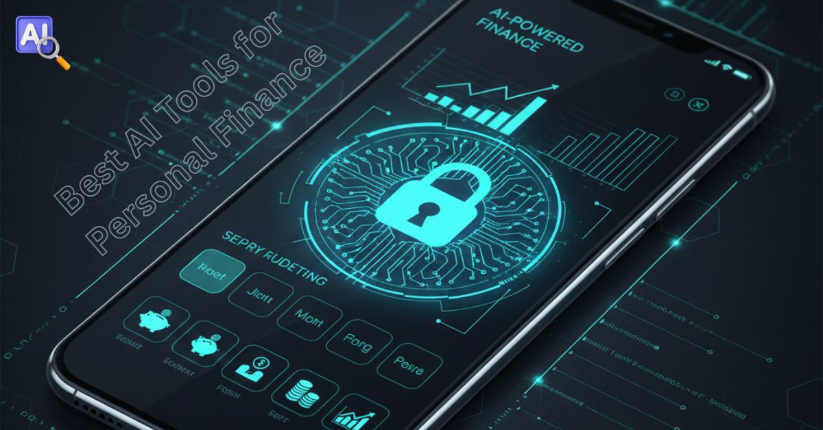 A modern digital dashboard illustration featuring a smartphone screen with glowing blue and green accents. It displays AI-powered personal finance management, including budgeting charts, secure lock symbols, money management icons, and an AI brain circuit design, perfect for showcasing the Best AI Tools for Personal Finance 2025.