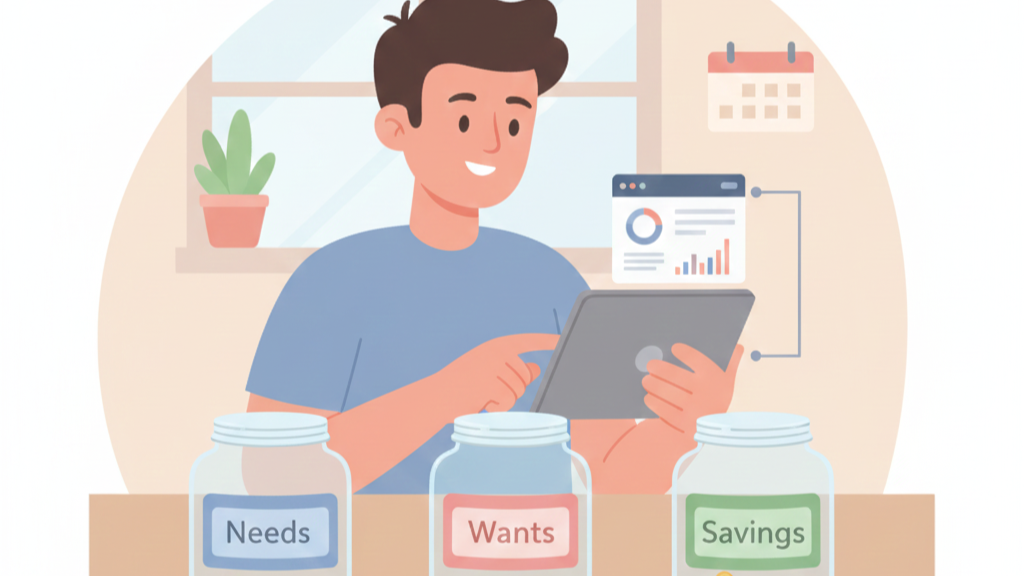 Illustration of a young man using a table to manage his budget with jars labeled needs, wants, and savings on a table.